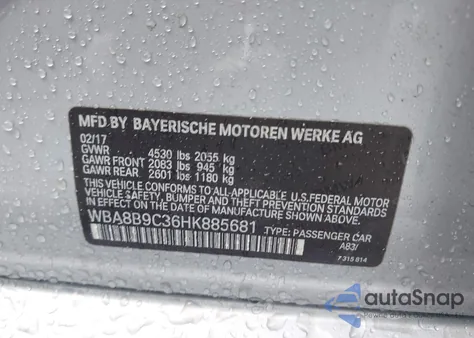 2017 BMW 330I из США, поврежденный, VIN WBA8B9C36HK885681